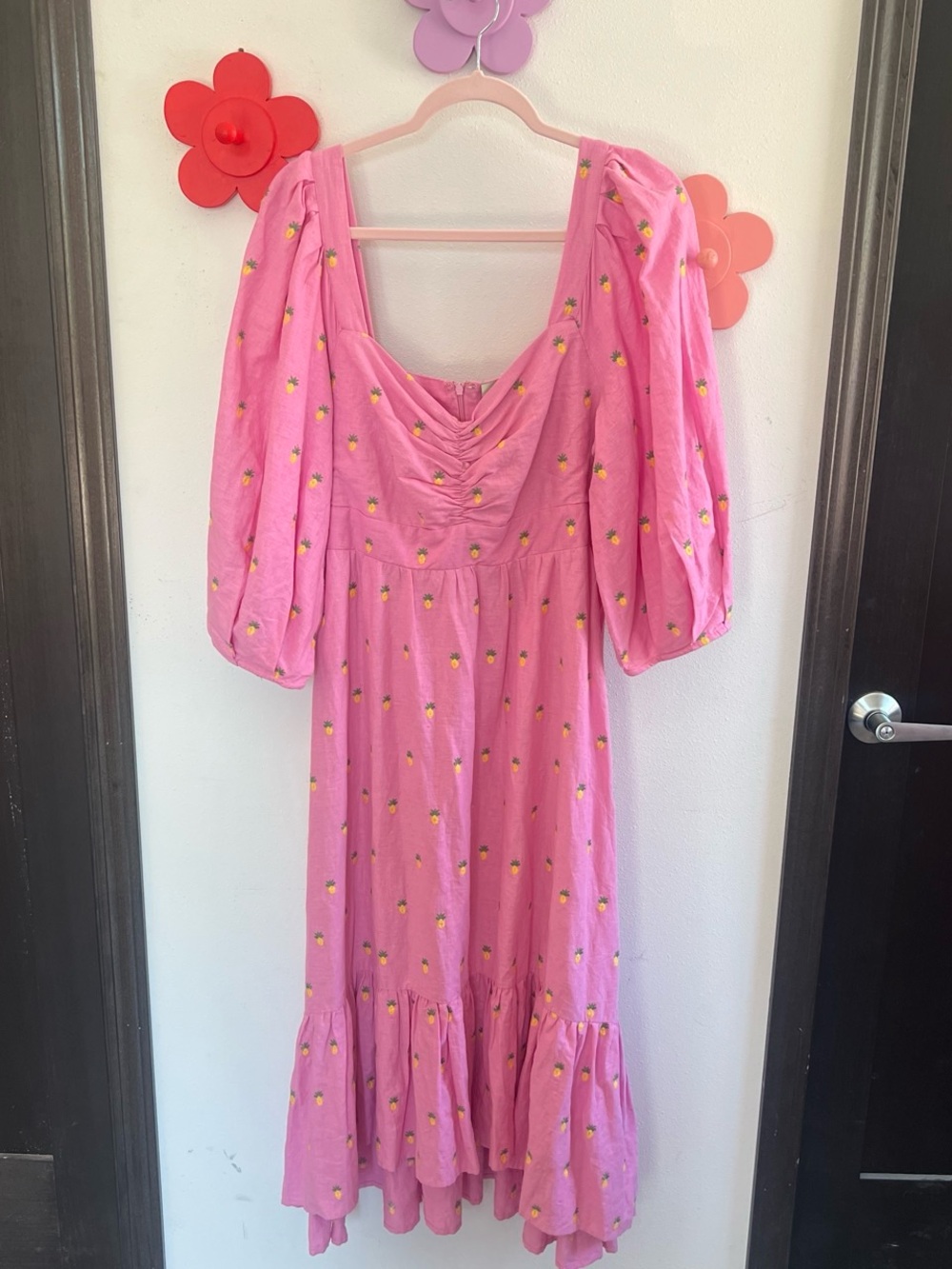 FARM Rio Pink Puff-Sleeve Maxi Dress with Yellow Floral Motif